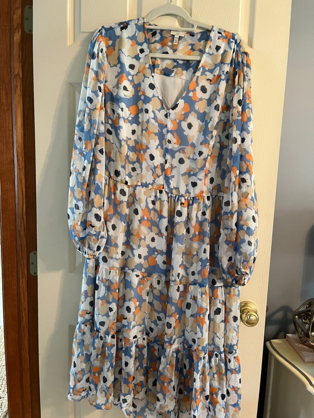 Joie Blue Floral Tiered Long-Sleeve Midi Dress with Peach Accents
